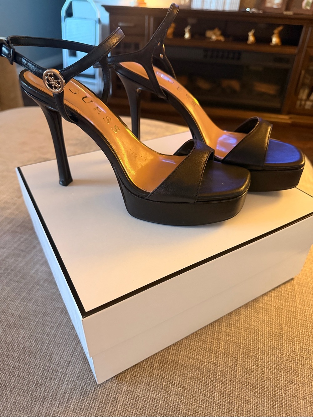 Guess Black Leather Platform Stiletto Sandals with Ankle Strap